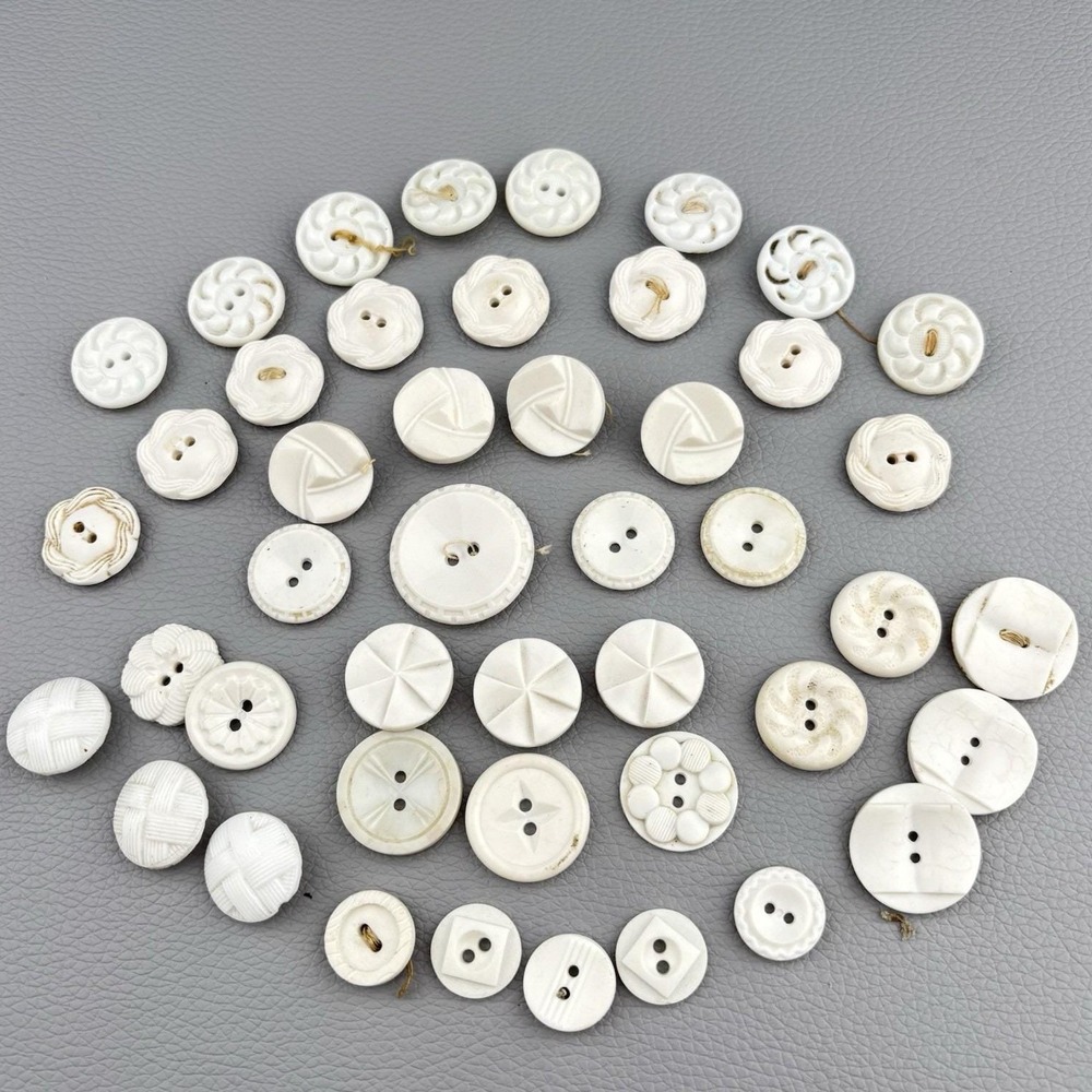 Antique White Carved Buttons Lot – Casein & Milk Glass Mix ~40pcs 1920s–40s